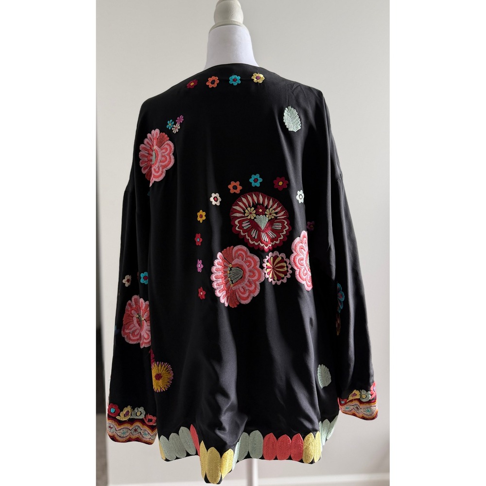 Natori Black Embroidered Kimono Jacket Floral Open Front Boho Statement XL - Picture 3 of 16